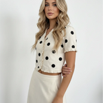 Polka Dot Ruffle Trim V-Neck Short Sleeve Cropped Blouse