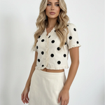 Polka Dot Ruffle Trim V-Neck Short Sleeve Cropped Blouse