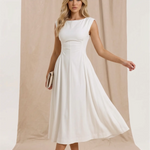 White Solid Boat Neck Ruched Waist A-Line Midi Dress