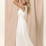 White Solid Boat Neck Ruched Waist A-Line Midi Dress