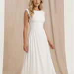 White Solid Boat Neck Ruched Waist A-Line Midi Dress