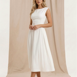 White Solid Boat Neck Ruched Waist A-Line Midi Dress