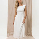 White Solid Boat Neck Ruched Waist A-Line Midi Dress