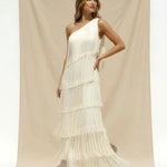 White Solid One-Shoulder Tiered Fringe Maxi Dress