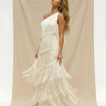 White Solid One-Shoulder Tiered Fringe Maxi Dress