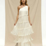 White Solid One-Shoulder Tiered Fringe Maxi Dress