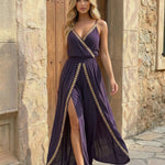 Purple Spaghetti Strap Gold Embroidered Wide Leg Jumpsuit