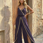 Purple Spaghetti Strap Gold Embroidered Wide Leg Jumpsuit