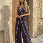 Purple Spaghetti Strap Gold Embroidered Wide Leg Jumpsuit