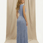 Blue V-Neck Fringe Tiered Maxi Dress