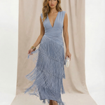 Blue V-Neck Fringe Tiered Maxi Dress