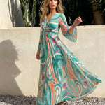 Green Paisley Print Twist-Front Long Sleeve Maxi Dress
