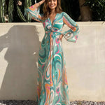 Green Paisley Print Twist-Front Long Sleeve Maxi Dress