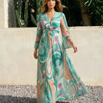 Green Paisley Print Twist-Front Long Sleeve Maxi Dress