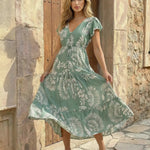 Green Leaf Print V-Neck Tiered Maxi Dress