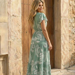 Green Leaf Print V-Neck Tiered Maxi Dress