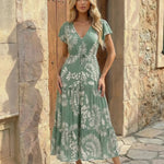 Green Leaf Print V-Neck Tiered Maxi Dress