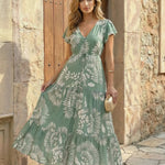 Green Leaf Print V-Neck Tiered Maxi Dress