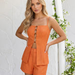 Orange Linen Spaghetti Strap Top and Shorts Two Piece Set
