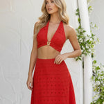Red Eyelet Embroidery Cotton Blend Cropped Halter Top