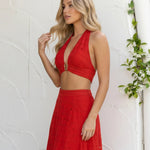 Red Eyelet Embroidery Cotton Blend Cropped Halter Top