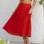 Red Eyelet Embroidery Cotton Blend Midi A-Line Skirt