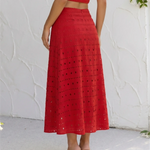 Red Eyelet Embroidery Cotton Blend Midi A-Line Skirt