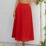 Red Eyelet Embroidery Cotton Blend Midi A-Line Skirt
