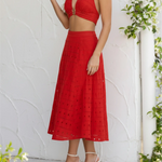 Red Eyelet Embroidery Cotton Blend Midi A-Line Skirt