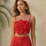 Red 3D Floral Spaghetti Strap Crop Top