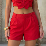 Red High Waist Pleated Tailored Shorts