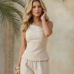 Beige Linen-Blend Asymmetrical Halter Neck Cami Top