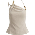 Beige Linen-Blend Asymmetrical Halter Neck Cami Top