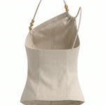 Beige Linen-Blend Asymmetrical Halter Neck Cami Top