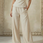 Beige Linen-Blend High Waist Wide Leg Pants