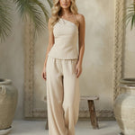 Beige Linen-Blend High Waist Wide Leg Pants