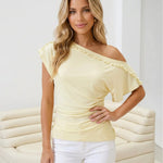 Yellow Ruffle Trim Off Shoulder Regular Length T-Shirt