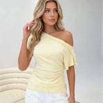 Yellow Ruffle Trim Off Shoulder Regular Length T-Shirt