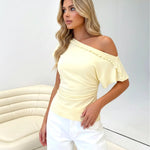 Yellow Ruffle Trim Off Shoulder Regular Length T-Shirt