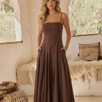 Chocolate Brown Structured Bust Flowy Skirt Maxi Dress