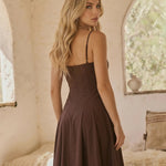 Chocolate Brown Structured Bust Flowy Skirt Maxi Dress