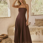 Chocolate Brown Structured Bust Flowy Skirt Maxi Dress
