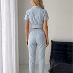 Blue White Gingham Check Cropped Blazer Top High Waisted Pants Set