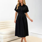 Black Cinched Waist Button Front Midi Shirt Dress