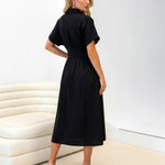 Black Cinched Waist Button Front Midi Shirt Dress
