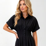 Black Cinched Waist Button Front Midi Shirt Dress