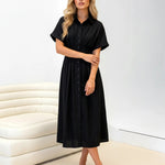 Black Cinched Waist Button Front Midi Shirt Dress