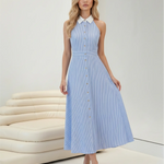 Blue Striped Collared Halter Neck Midi Dress
