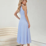 Blue Striped Collared Halter Neck Midi Dress