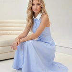 Blue Striped Collared Halter Neck Midi Dress